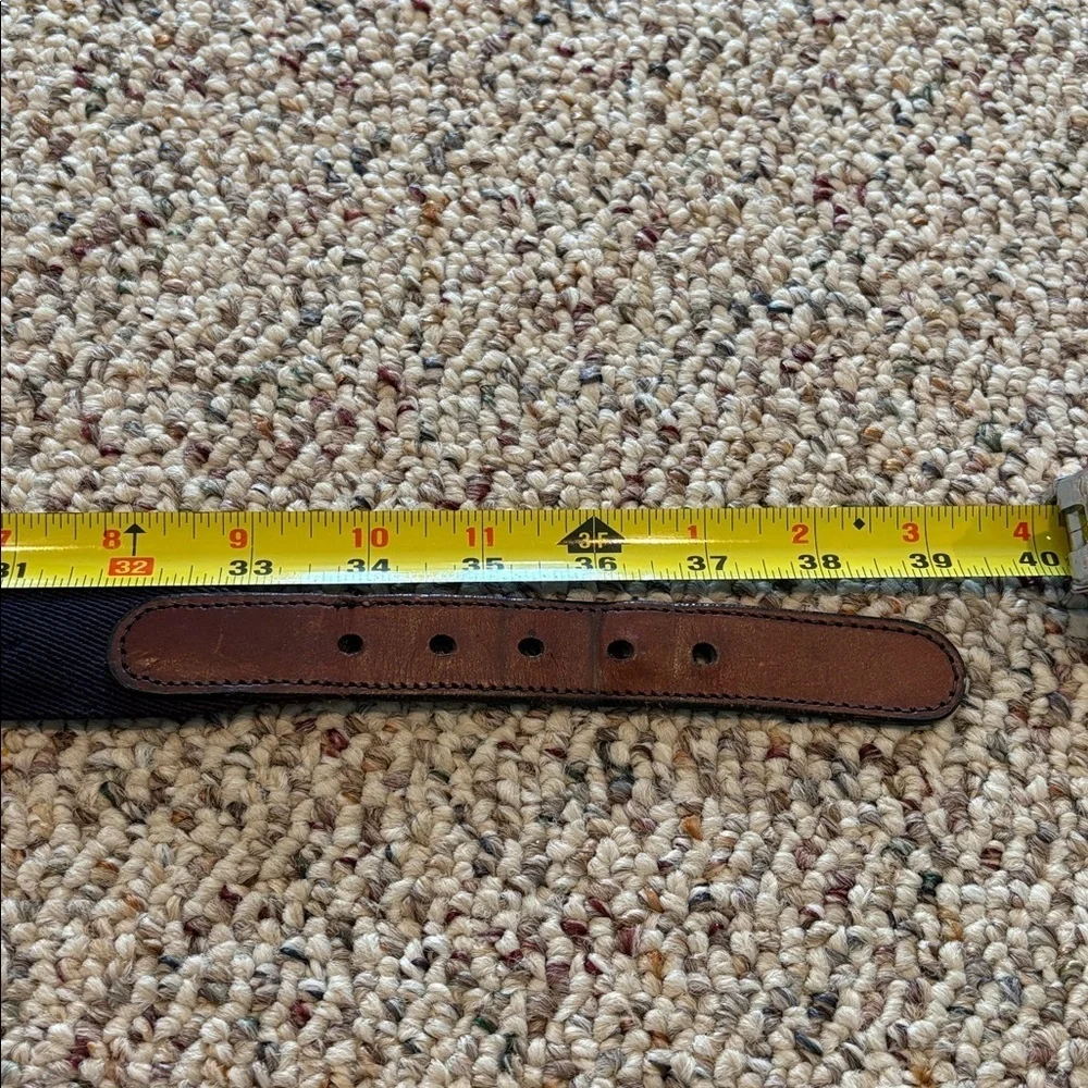 Vintage Brown and Navy Belt with Brass Buckle. Fabric & Leather. 36